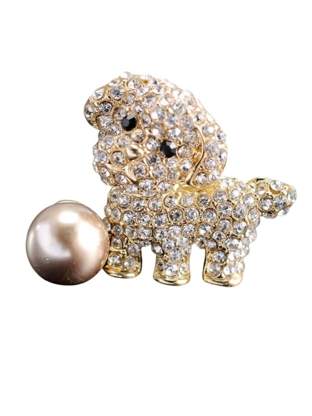 Puppy with Ball Brooch Pin Clear Crystal Gold Tone & Imitation Pearl
